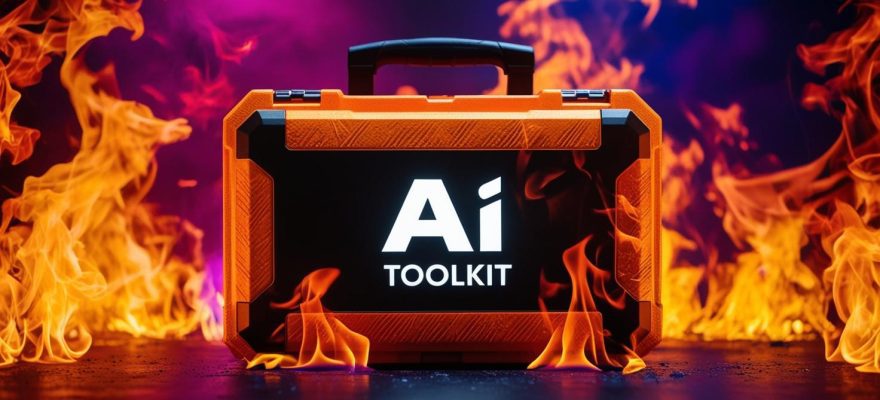 AI Toolkit briefcase surrounded by vibrant flames representing powerful Udemy course creation tools and business productivity resources