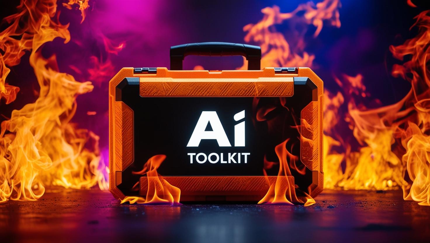 AI Toolkit briefcase surrounded by vibrant flames representing powerful Udemy course creation tools and business productivity resources