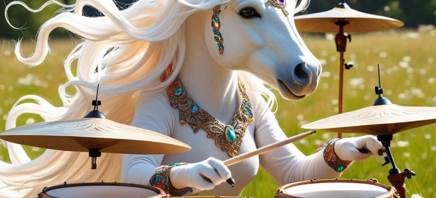 A white unicorn with flowing mane playing colorful drums in a natural outdoor setting, representing the creative process of building unicorn startup ideas