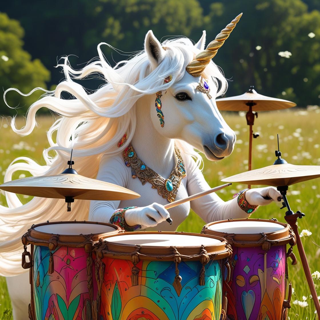 A white unicorn with flowing mane playing colorful drums in a natural outdoor setting, representing the creative process of building unicorn startup ideas