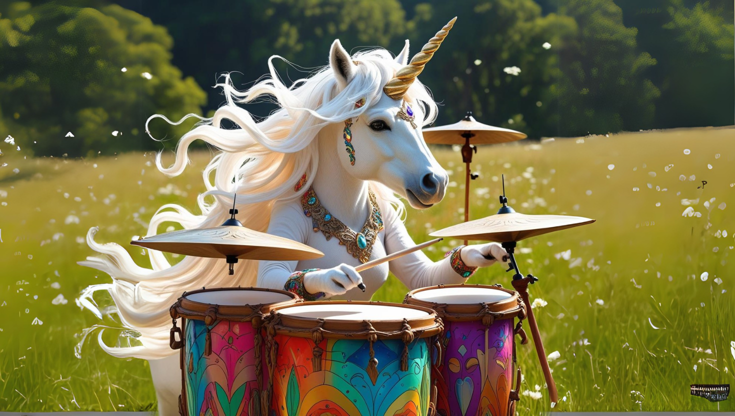 A white unicorn with flowing mane playing colorful drums in a natural outdoor setting, representing the creative process of building unicorn startup ideas